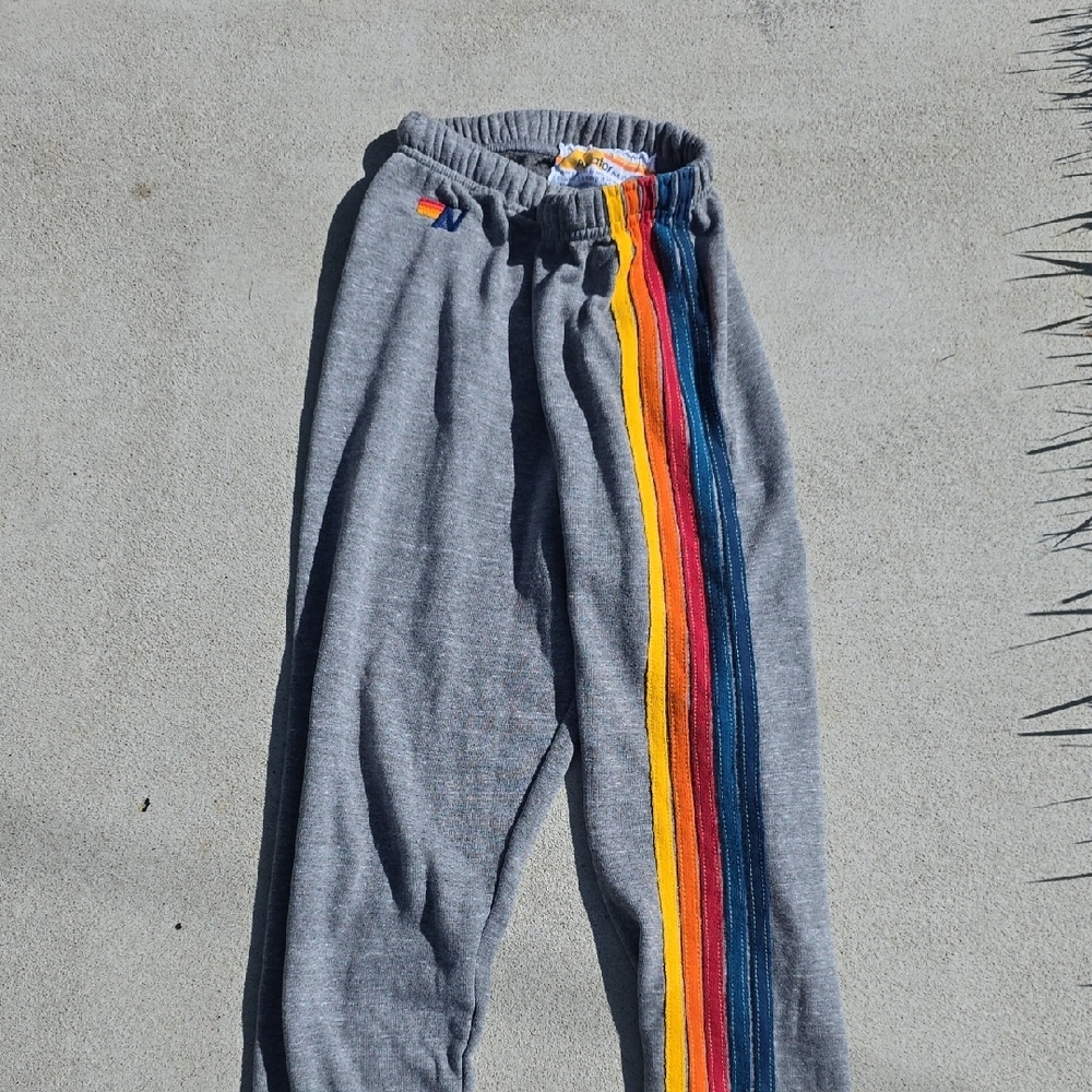 Aviator Nation Gray Joggers with Rainbow Stripes